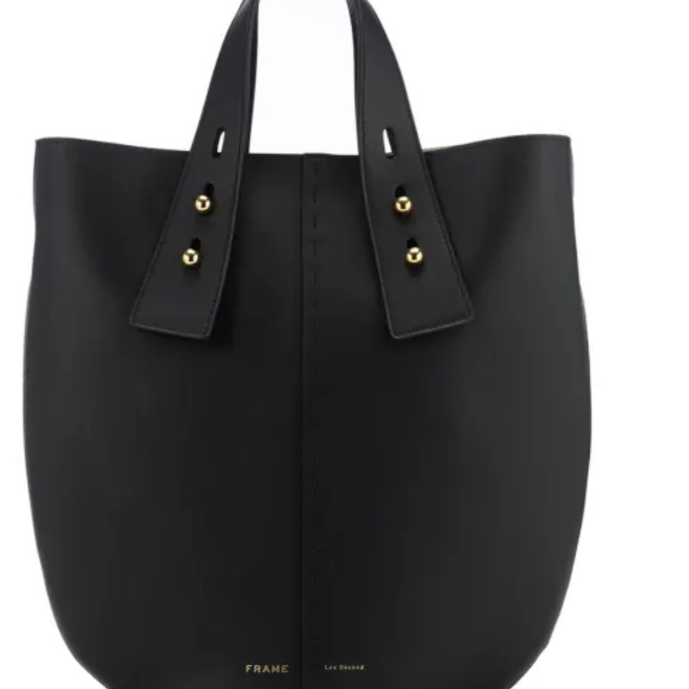 Frame Les Second Leather Vase Bucket Bag Black Tote with Gold Accents